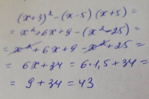Найдите значения:(х + 3)²- (х-5)(х+5) при х=1,5 ,у меня годовая​