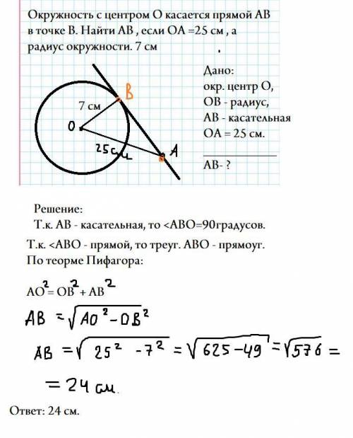 окружность с центром О касается прямой АВ в точке В. Найти АВ , если ОА =25 см , а радиус окружности