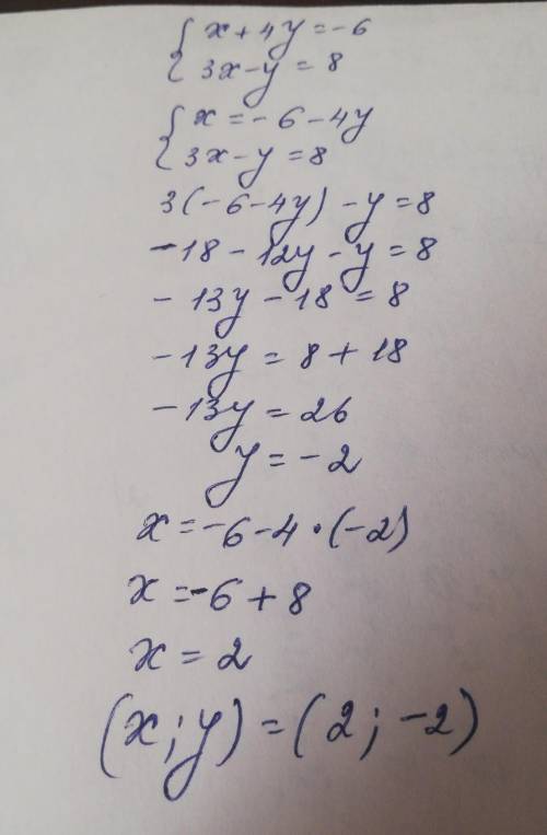 Помните решить Методом подстановки систему уравнений х+4у=-6 3х-у=8