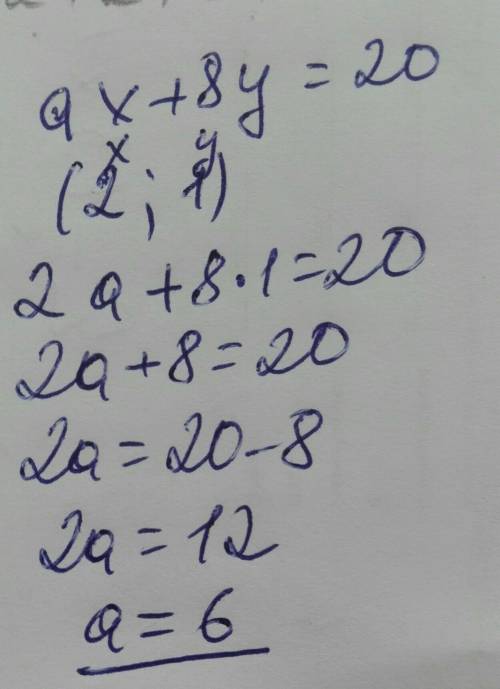 Определи значение коэффициента a в уравнении ax+8y=20, если известно, что решением этого уравнения я