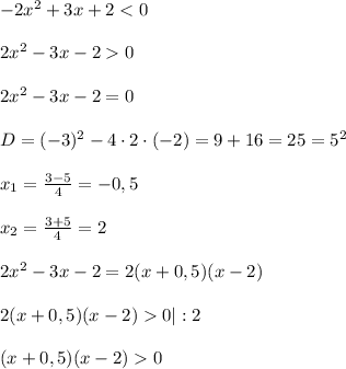 -2x^{2}+3x+202x^{2}-3x-2=0D=(-3)^{2}-4\cdot2\cdot(-2)=9+16=25=5^{2}x_{1}=\frac{3-5}{4}=-0,5x_{2}=\frac{3+5}{4}=22x^{2}-3x-2=2(x+0,5)(x-2)2(x+0,5)(x-2)0|:2(x+0,5)(x-2)0