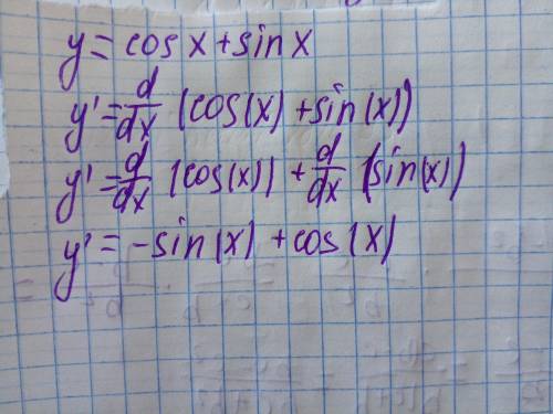 Знайдіть похідну функції: y = cos x + sin x