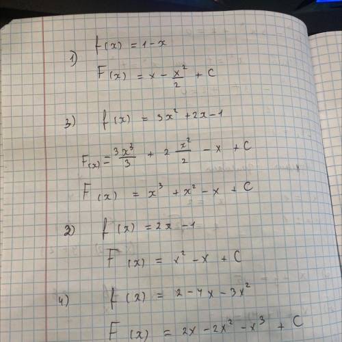 Напишите общий вид первообразных для данных функций (1.5— 1.7)15. 1) f(x) = 1 - x;3) fix) = 2х - 1;3