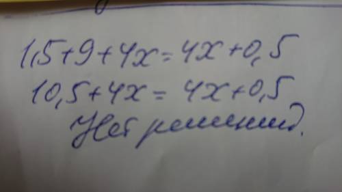 Розв'язати рівняння 1,5-(-9-4x)=0,5(8x+1)​