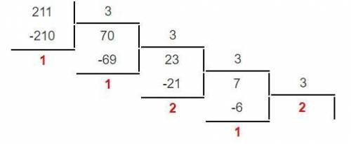 Определить сумму цифр в троичной записи десятичного числа 211