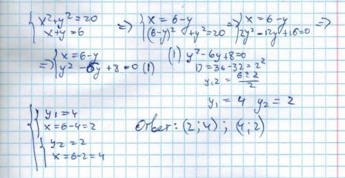 {x^2+y^2=20 { x+y=6 решите систему уравнений