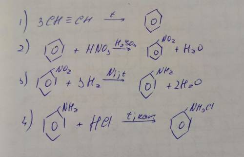 Здійснити перетворення записати рівняння відповідних реакцій C2H2>C6H6>C6H5NO2>C6H5NH2>C