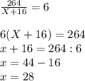 \frac{264}{X+16} =66(X+16)=264\\x+16=264:6\\x=44-16\\x=28