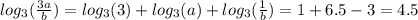 log_{3}( \frac{3a}{b} ) = log_{3}(3) + log_{3}(a) + log_{3}( \frac{1}{b} ) = 1 + 6.5 - 3 = 4.5