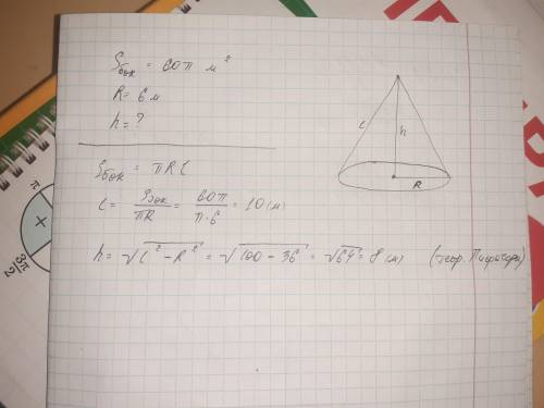 Площадь боковой поверхности конуса равна 60пи м2, а радиус основания равен 6 м. Найдите расстояние о