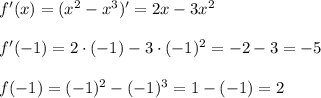 f'(x)=(x^2-x^3)'=2x-3x^2f'(-1)=2\cdot(-1)-3\cdot(-1)^2=-2-3=-5f(-1)=(-1)^2-(-1)^3=1-(-1)=2