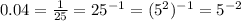 0.04=\frac{1}{25}=25^{-1} =(5^2)^{-1}=5^{-2}