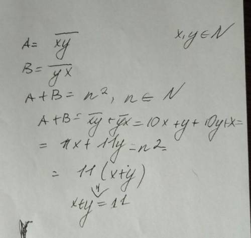 A - двоцифрове число XY. B - також двоцифрове число YX. A+B - квадрат деякого числа. Знайдіть X та Y