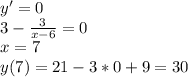 y'=0\\3-\frac{3}{x-6}=0\\x=7\\y(7)=21-3*0+9=30