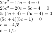 25c^2+15c-4=0\\25c^2+20c-5c-4=0\\5c(5c+4)-(5c+4)=0\\(5c+4)(5c-1)=0\\c=-4/5\\c=1/5
