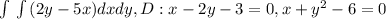 \int\limits \,\int\limits \, (2y-5x) dx dy , D: x-2y-3=0, x+y^2-6=0