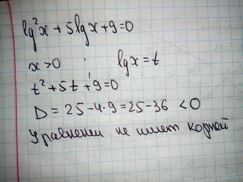 Решите уравнение lg^2 x+5 lg⁡x+9=0