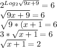 2^{Log_2\sqrt{9x+9}} =6\\\sqrt{9x+9} =6\\\sqrt{9*(x+1} =6\\3*\sqrt{x+1} =6\\\sqrt{x+1} =2\\
