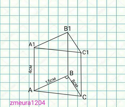 В основании прямой призмы прямоугольный треугольник с катетами 15 см и 8см. Найти площадь полной пов