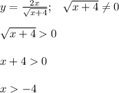 y=\frac{2x}{\sqrt{x+4} } ;\;\;\;\sqrt{x+4} \neq 0sqrt{x+4} 0x+40x-4