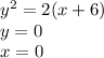 y {}^{2} = 2(x + 6) \\ y = 0 \\ x = 0