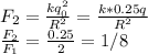 F_2=\frac{kq_0^2}{R^2}=\frac{k*0.25q}{R^2}\\\frac{F_2}{F_1}=\frac{0.25}{2}= 1/8