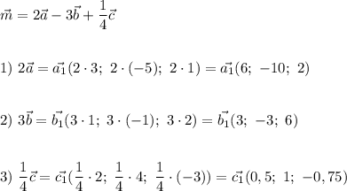 \displaystyle\vec{m}=2\vec{a}-3\vec{b}+\frac{1}{4}\vec{c}1)\ 2\vec{a}=\vec{a_1}(2\cdot3;\ 2\cdot(-5);\ 2\cdot1)=\vec{a_1}(6;\ -10;\ 2)2)\ 3\vec{b}=\vec{b_1}(3\cdot1;\ 3\cdot(-1);\ 3\cdot2)=\vec{b_1}(3;\ -3;\ 6)3)\ \frac{1}{4}\vec{c}=\vec{c_1}(\frac{1}{4}\cdot2;\ \frac{1}{4}\cdot4; \ \frac{1}{4}\cdot(-3))=\vec{c_1}(0,5;\ 1;\ -0,75)