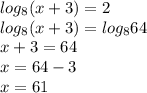 log_{8}(x+3)=2\\log_{8}(x+3)=log_{8}64\\x+3=64\\x=64-3\\x=61\\