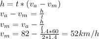 h=t*(v_a-v_m)\\v_a-v_m=\frac{h}{t}\\v_m=v_a-\frac{h}{t}\\v_m=82-\frac{1.4*60}{2*1.4}=52 km/h