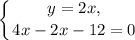 \displaystyle \left \{ {{y = 2x, } \atop {4x - 2x - 12 = 0}} \right.