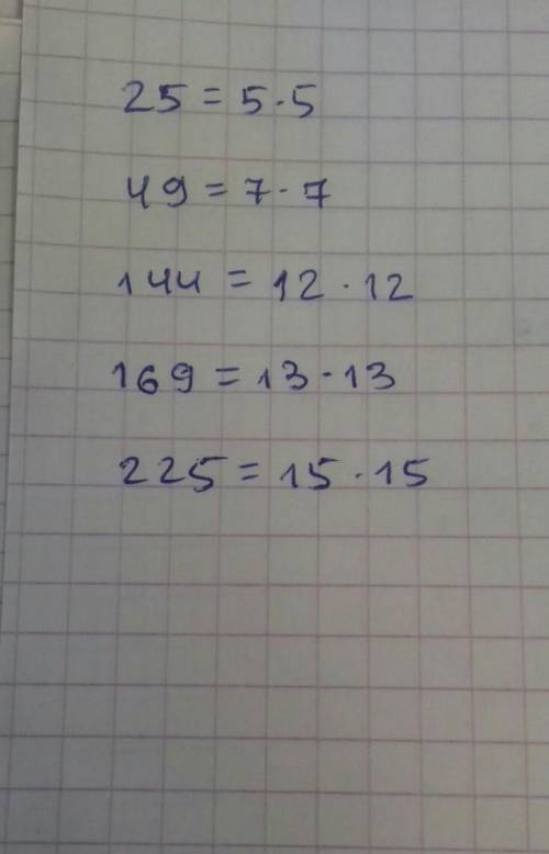 Представьте каждое из чисел 25 ,49,144,169, 225 в виде произведения двух одинаковых множителей​