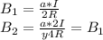 B_1=\frac{a*I}{2R}\\ B_2=\frac{a*2I}{y4R}=B_1