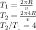 T_1=\frac{2\pi R}{v}\\T_2=\frac{2\pi 4 R}{v}\\T_2/T_1=4