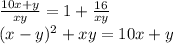 \frac{10x + y}{xy} = 1 + \frac{16}{xy} \\ (x - y) {}^{2} + xy = 10x + y