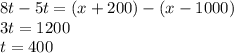 8t-5t=(x+200)-(x-1000)\\3t=1200\\t=400