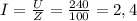 I=\frac{U}{Z} =\frac{240}{100} =2,4