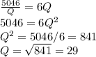\frac{5046}{Q} =6Q\\5046=6Q^{2} \\Q^{2} = 5046/6=841\\Q=\sqrt{841} = 29