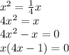 x^2=\frac{1}{4}x\\4x^2=x\\4x^2-x=0\\x(4x-1)=0