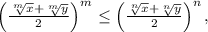 \left(\frac{\sqrt[m]{x}+\sqrt[m]{y}}{2}\right)^m\le \left(\frac{\sqrt[n]{x}+\sqrt[n]{y}}{2}\right)^n,