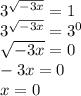 3^{\sqrt{-3x} }=1\\3^{\sqrt{-3x} }=3^0\\\sqrt{-3x}=0\\-3x=0\\x=0