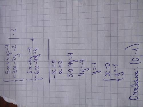 Решите систему уравнения. { 5х+4у=-4 { -3х-2у=2. (Методом сложения. )