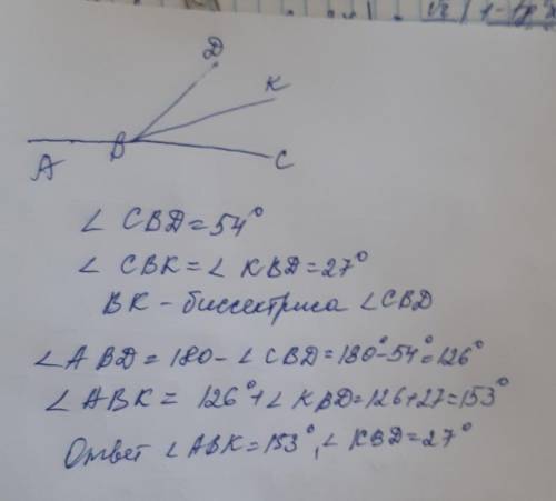 Пронмінь BK е бісекртрисею кута CBD , кут CBD=54° Знайдіть кут ABK