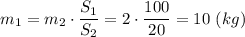 m_1 = m_2\cdot \dfrac{S_1}{S_2} = 2\cdot \dfrac{100}{20} = 10 ~(kg)