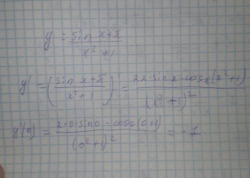 Найдите значение производной функции y =sin(x+п) /x^2+1 в точке x0 0