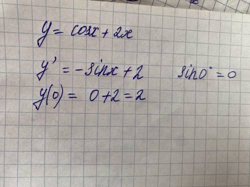 Вычислите значение производной функции y=cos x+2x, в точке x0=0