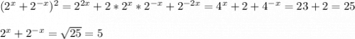 (2^x+2^{-x})^2=2^{2x}+2*2^x*2^{-x}+2^{-2x}=4^x+2+4^{-x}=23+2=25\\ \\ 2^x+2^{-x}=\sqrt{25} =5