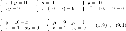 \left\{\begin{array}{l}x+y=10\\xy=9\end{array}\right\ \ \left\{\begin{array}{l}y=10-x\\x\cdot (10-x)=9\end{array}\right\ \ \left\{\begin{array}{l}y=10-x\\x^2-10x+9=0\end{array}\rightleft\{\begin{array}{l}y=10-x\\x_1=1\ ,\ x_2=9\end{array}\right\ \ \left\{\begin{array}{l}y_1=9\ ,\ y_2=1\\x_1=1\ ,\ x_2=9\end{array}\right\ \ \ \ (1;9)\ \ ,\ \ (9;1)