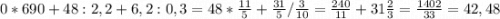 0*690+48:2,2+6,2:0,3=48*\frac{11}{5}+\frac{31}{5}/\frac{3}{10}=\frac{240}{11}+31\frac{2}{3}=\frac{1402}{33}=42,48