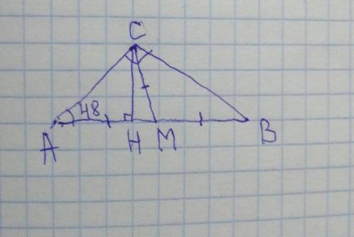 Один из острых углов прямоугольного треугольника равен 48*. Найдите градусную меру угла между высото