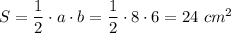 S=\dfrac{1}{2} \cdot a\cdot b=\dfrac{1}{2}\cdot 8\cdot 6=24 \ cm^{2}